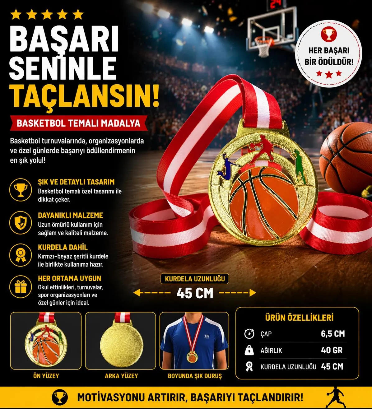 Avessa Mad-Bas-1 Basketbol Figürlü Madalya 6.5 Cm