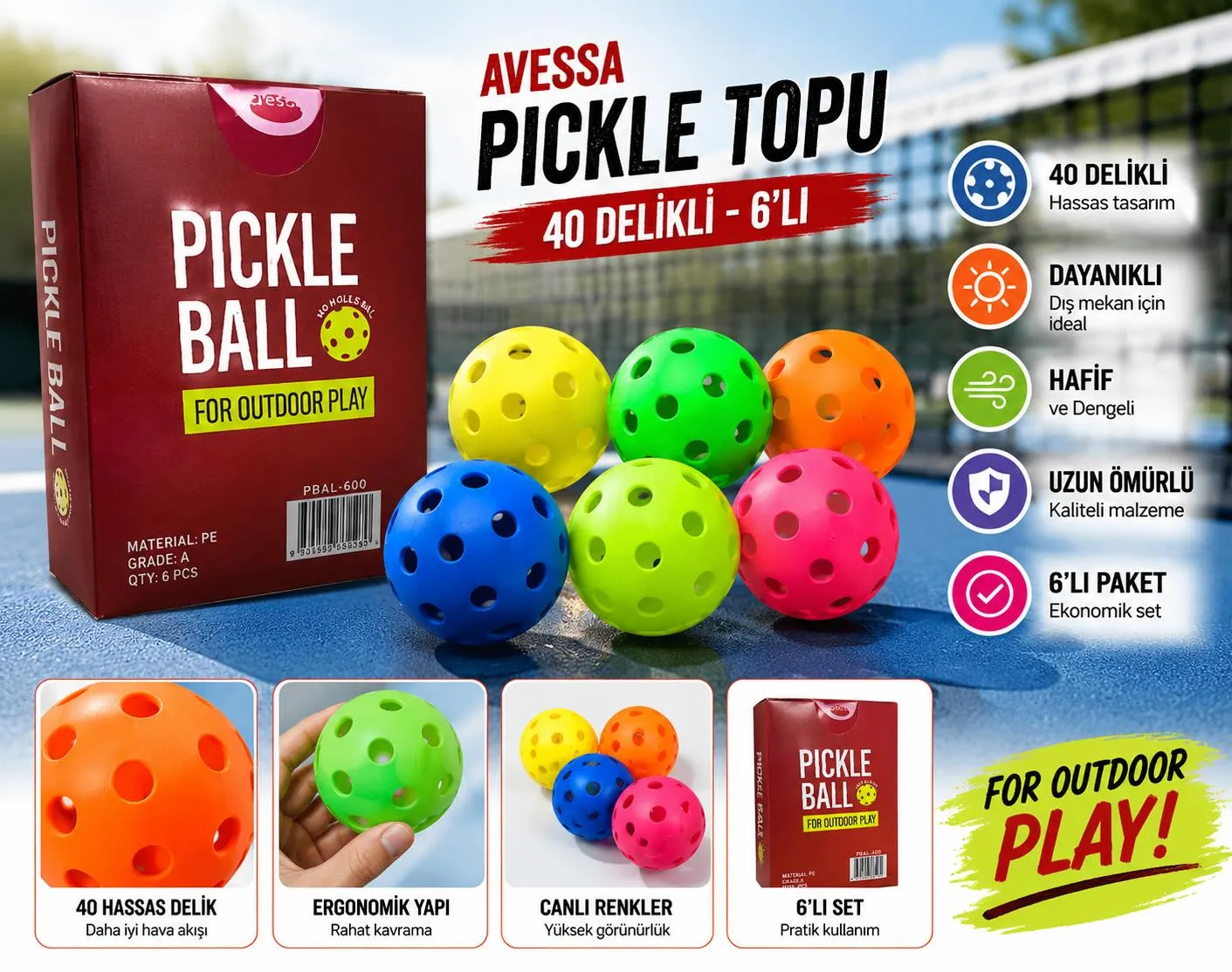Avessa Pbal-600 Pıckle Topu 40 Delikli 6lı 